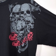 Avirex Black Skull Roses Graphic Long Sleeve Layered Double Sleeve Shirt Size XL