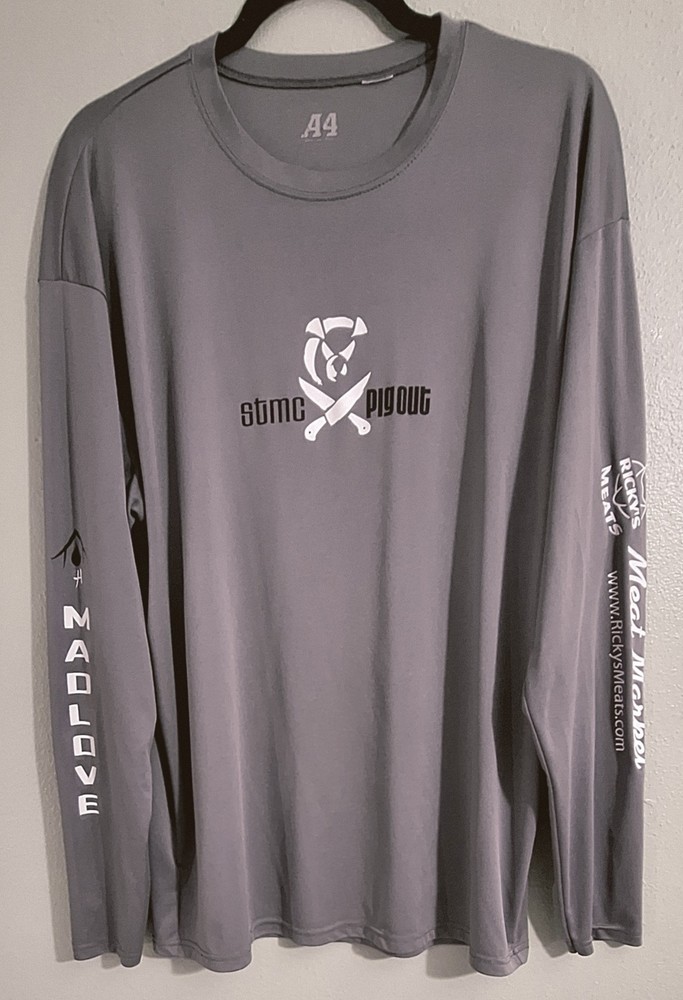 A4 STMC Pig Out BBQ Long Sleeve Shirt Gray Performance Graphic Tee Adult