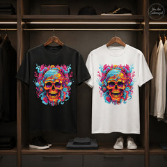 Colorful Skull Graphic T-Shirt Black or White Unisex Streetwear Art Tee