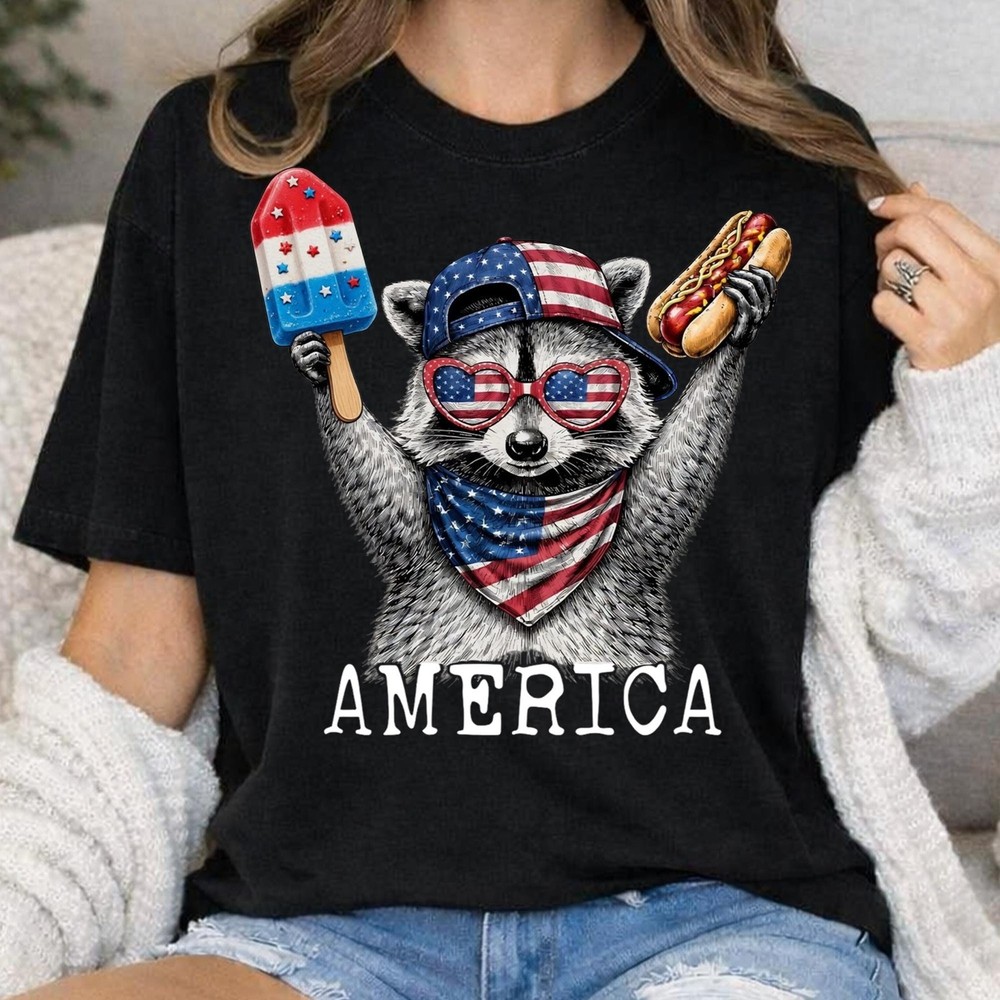 Funny Patriotic Raccoon Shirt Feral But Free 4th of July USA 250th Tee