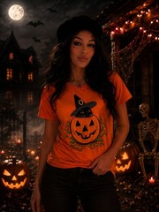 Halloween Kitty Graphic Tee Black Cat in Pumpkin Orange Shirt Sz.M