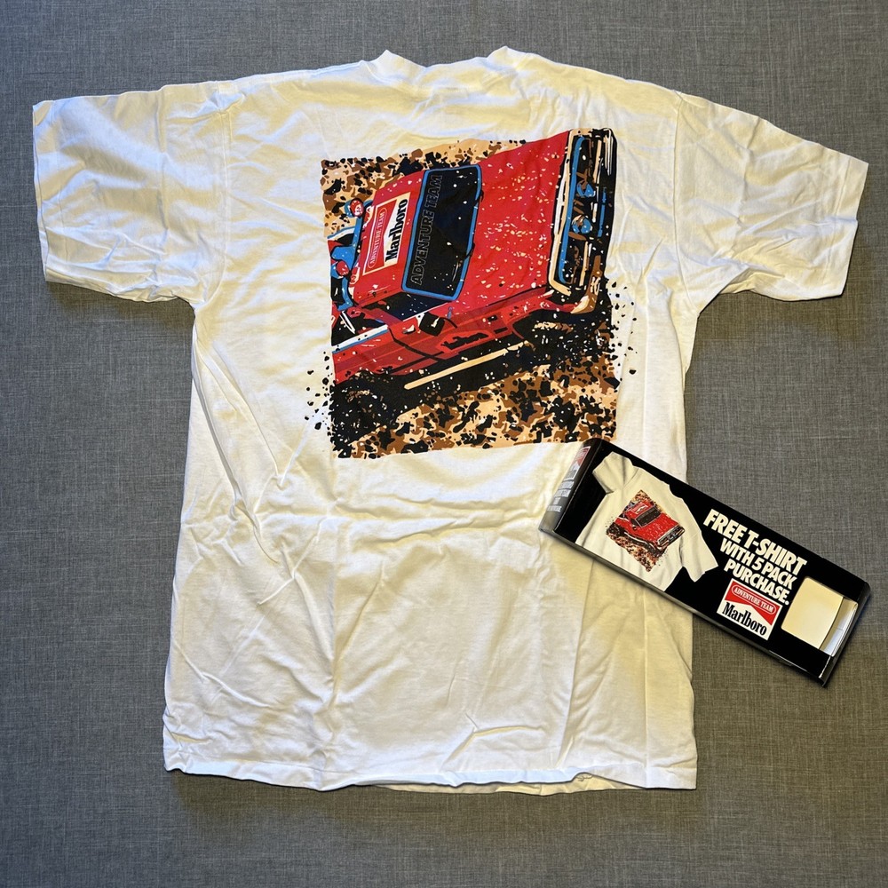 Vtg 90s Marlboro Adventure Team Truck Pocket Tee Original Box Cigarette Promo