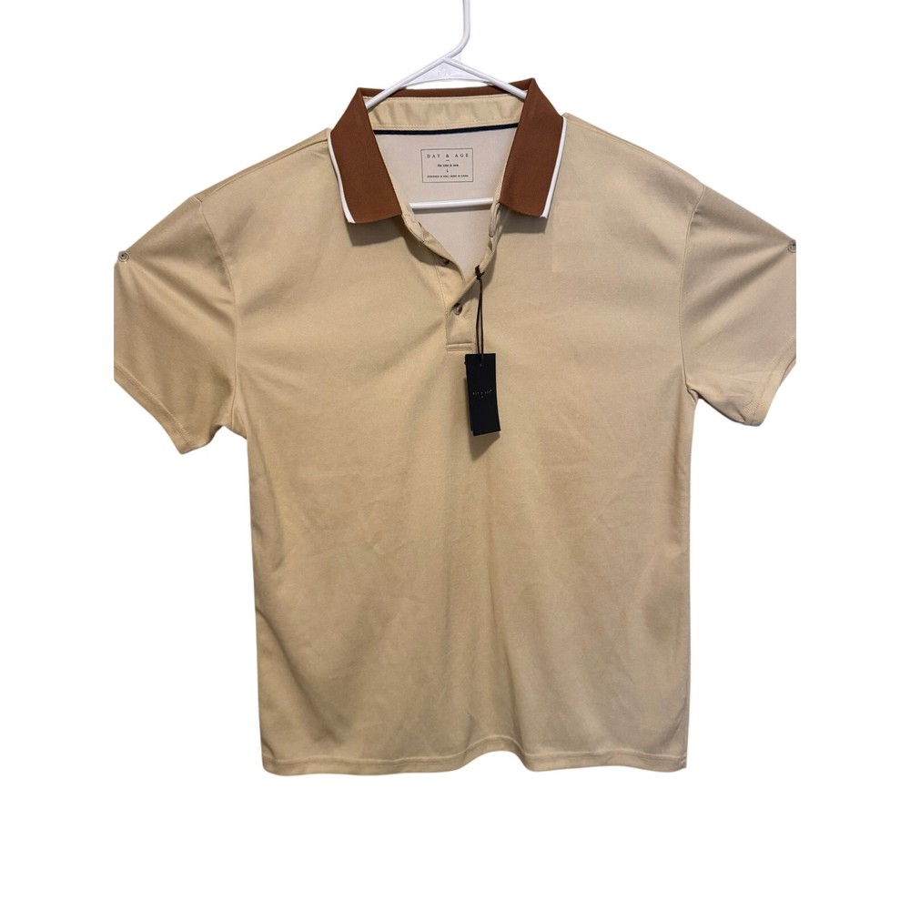 Day & Age Shirt Men’s Knit Polo Shirt Brown Collar Short Sleeve Beige Large NWT
