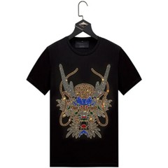 New Men Luxury Rhinestones Fashion Diamonds Black White T-Shirt High Quality