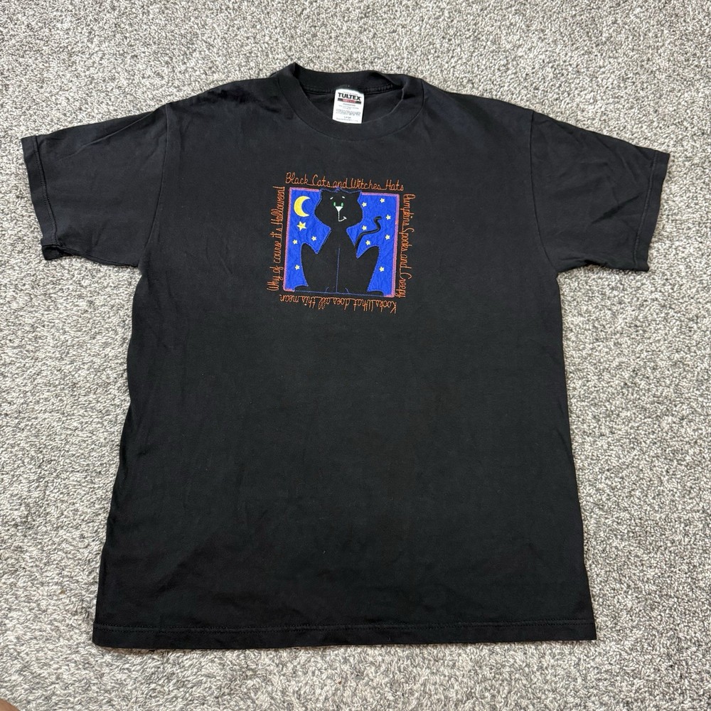 Vintage 90s Halloween Black Cat Witch Shirt Witches Cats Tultex Size L