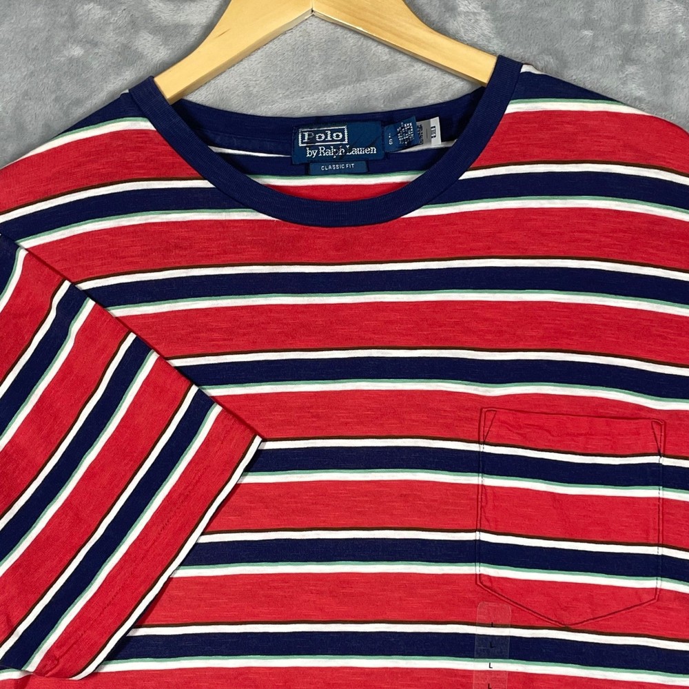 Polo Ralph Lauren Mens Large Classic Fit Striped Pocket T-Shirt Red Blue NWOT