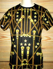 MENS JADED LONDON ALL OVER ZIP PRINTED BLACK GOLD T-SHIRT SIZE S