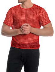 Mens Fishnet Shirt Mesh Top Short Sleeve Fitted Workout Muscle Tees(Red,L)