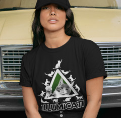 ILLUMICATI Funny Illuminati SHIRT All Seeing Eye Cat Parody Conspiracy Joke TEE