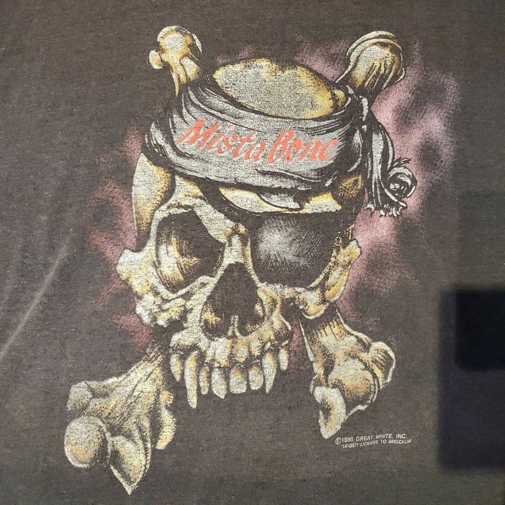 Vtg 1989 Great White Mista Bone Highway Hunter Tour TShirt Brockum XL Faded