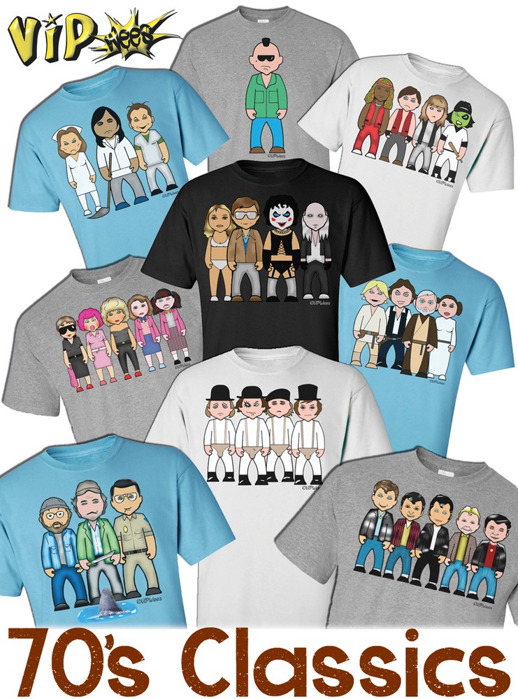 VIPwees Mens Quality TShirt 70s Classic Movies Inspired Caricature Choose Design