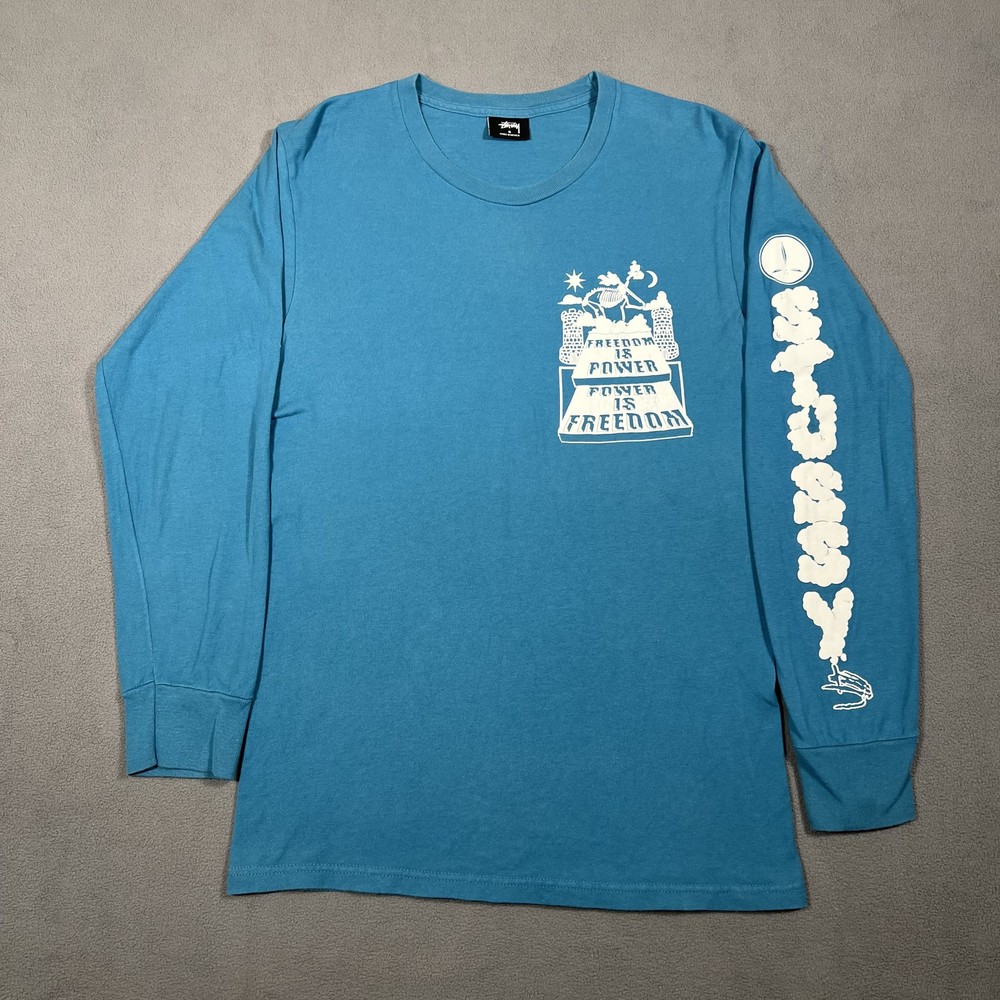 Stussy Freedom Is Power Long Sleeve T-Shirt Men’s Size S Teal Blue Graphic Tee