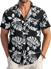 Men Casual Button Down Short Sleeve Textured Summer Beach Shirt with Pocket