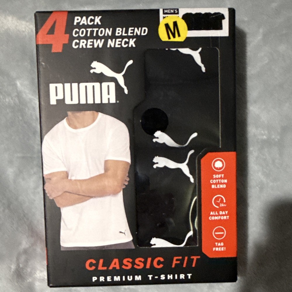 PUMA Men’s 4-Pack Classic Fit Cotton Blend Crew Neck Tagless T-Shirt White M