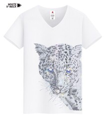 Men Fashion Diamonds T-Shirt Leopard Print Rhinestones Hot Drill Short Sleeve