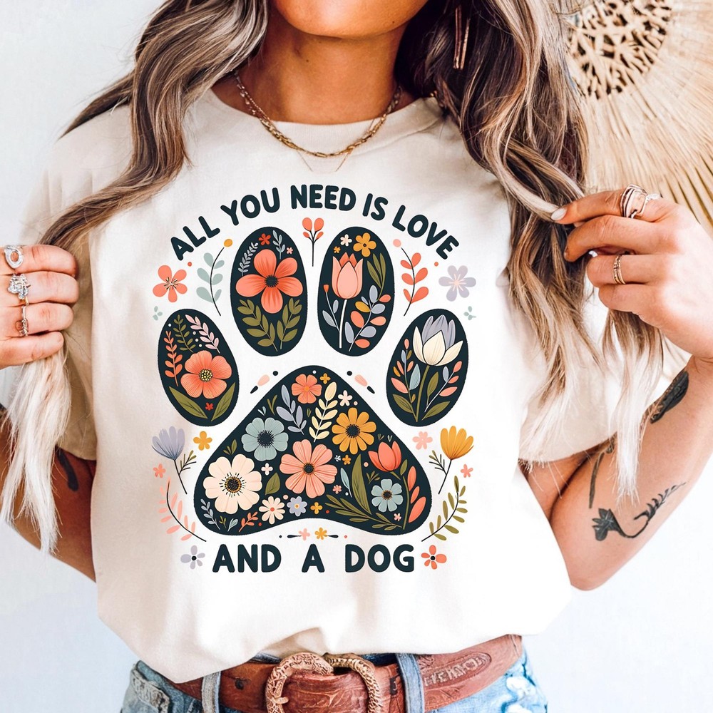 Floral Paw Print Dog Lover T-Shirt Animal Rescue Gift Tee