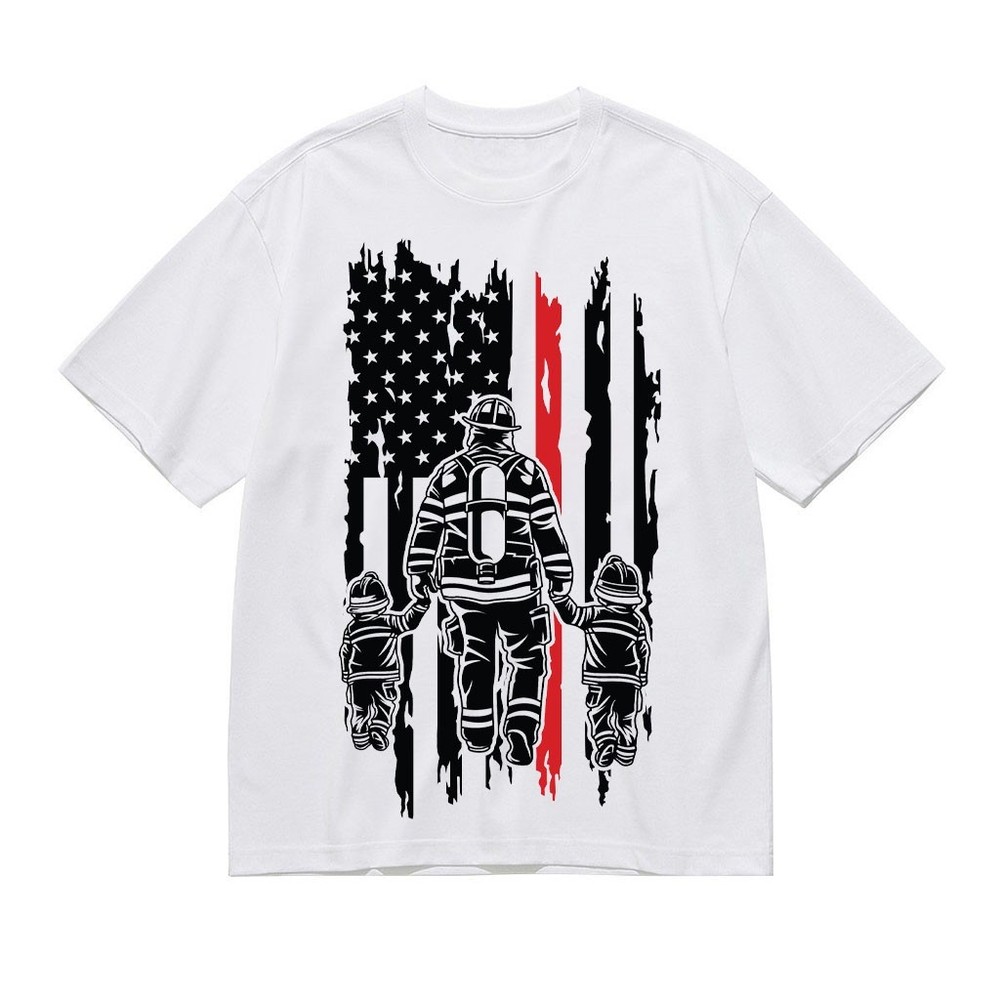 Firefighter Dad Shirt American Flag Fireman Father Kids Graphic Tee Father’s Day