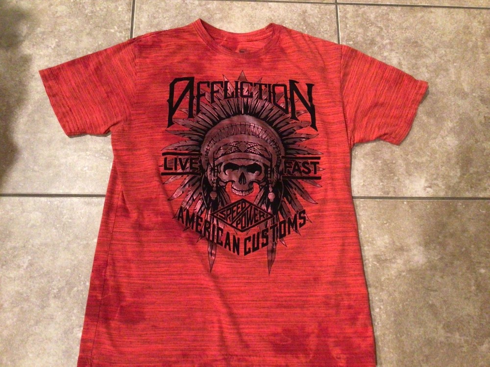 VTG Affliction Live Fast T Shirt Felt Graphic All Over Distressed L Made In USA