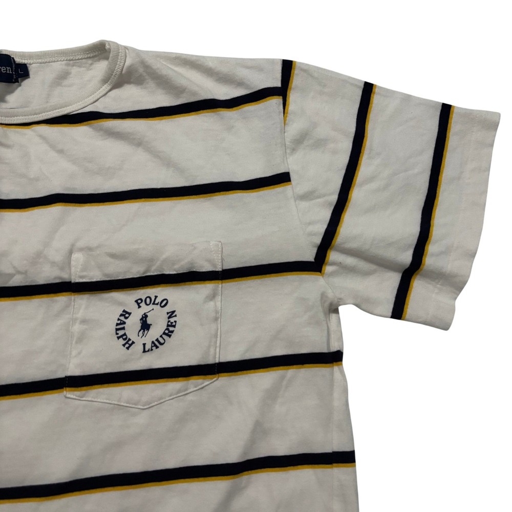 Ralph Lauren Vintage 90’s Mens L Striped Pocket T-Shirt White Navy Yellow Logo