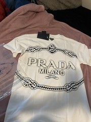 Prada Milano Men’s White Logo Graphic Crew Neck Short Sleeve T-Shirt Size S