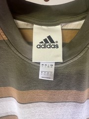 Adidas Striped T-Shirt Men’s Large Green Tan White Short Sleeve Crew Neck