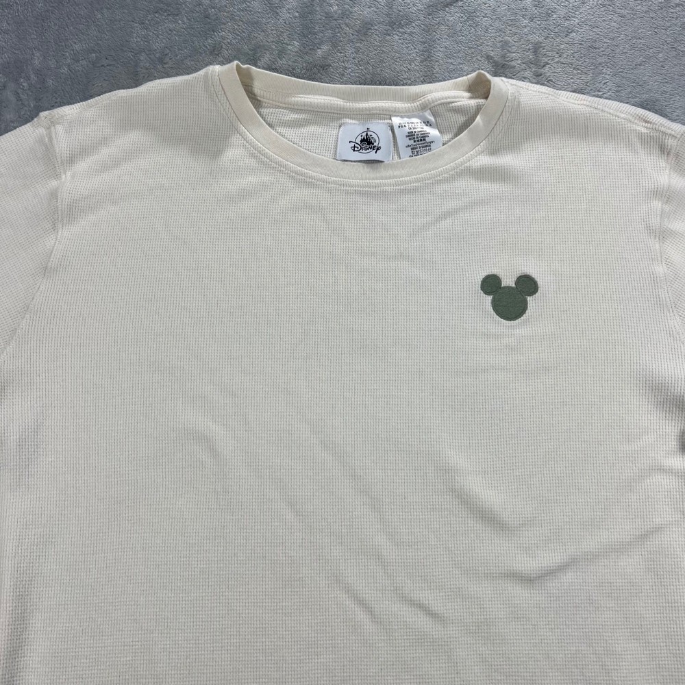 DISNEY Waffle Knit Thermal Long Sleeve Shirt Mens XL Cream Mickey Mouse Logo