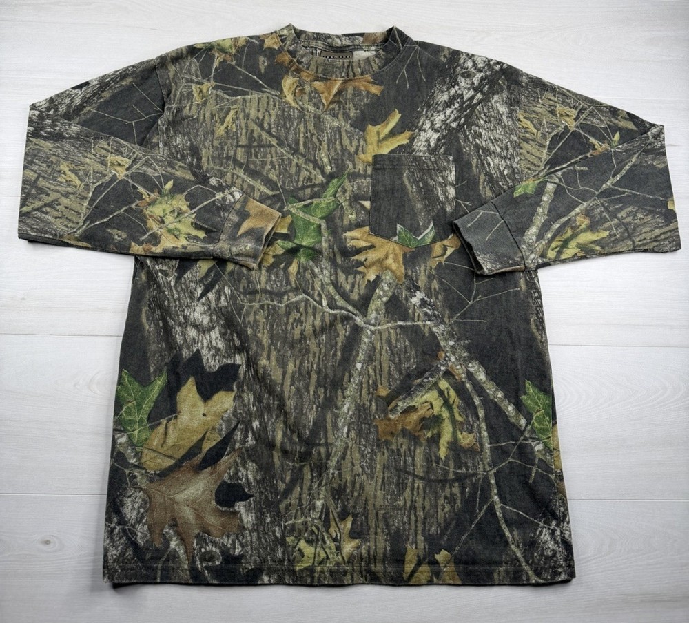 Vtg Jerzees Outdoors Shirt Mossy Oak Breakup Camo Long Sleeve Pocket Y2K Mens XL