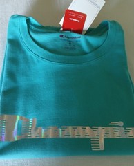 Brand New with Tags (NWT), Champion script tee, holographic, metallic, turquoise