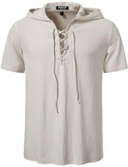 Men’s Cotton Vintage Hooded Design Short Sleeve Lace up Shirts X-Large Beige
