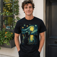 Starry Night Cat T-Shirt: Vincent Van Gogh Style, Black Cat Lover Gift TShirt