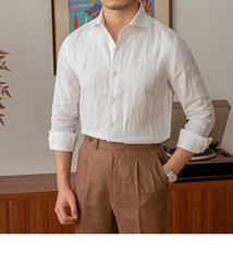 Men’s Cotton Linen Long Sleeve Shirt Slim Fit Casual Formal Summer Breathable OL