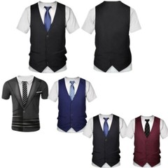 US Freebily Men’s Fake Suit Vest Tie Printed T-Shirt Casual Shirt Tuxedo Top