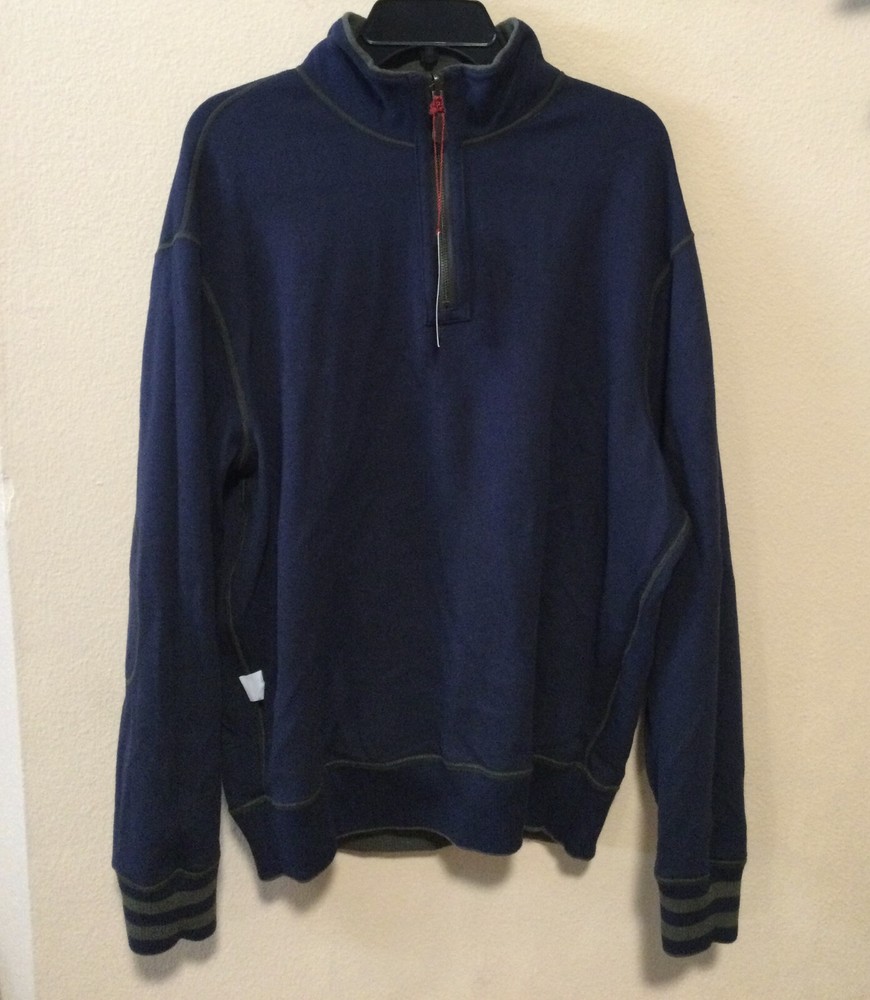 $95 DANIEL CREMIEUX Blue-Olive 1/4 Zip Cotton Sleeve Patch Reversible Sweater XL