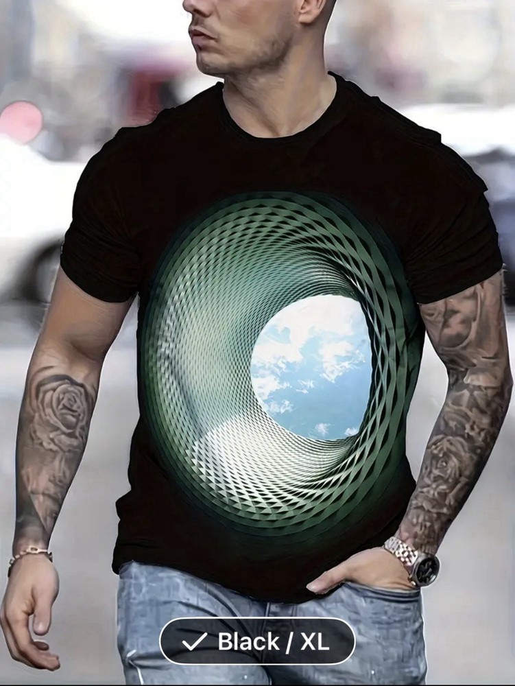 Men’ 3D Printed Geometric Spiral Tunnel Optical Illusion T-Shirt XL