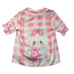 Cute Cat Shirt Women’s Large Pink White Plaid Short Sleeve Queen Cartoon Blouse