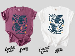 Retro Botanical Birds T-Shirt, Folk Art Bird Shirt, Vintage Nature Tee, Cottagec