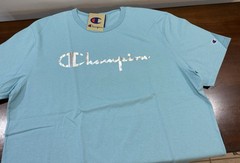 Champion Shirt Metallic Silver Foil Script Shirt Baby Blue S/S Shirt (XXL)