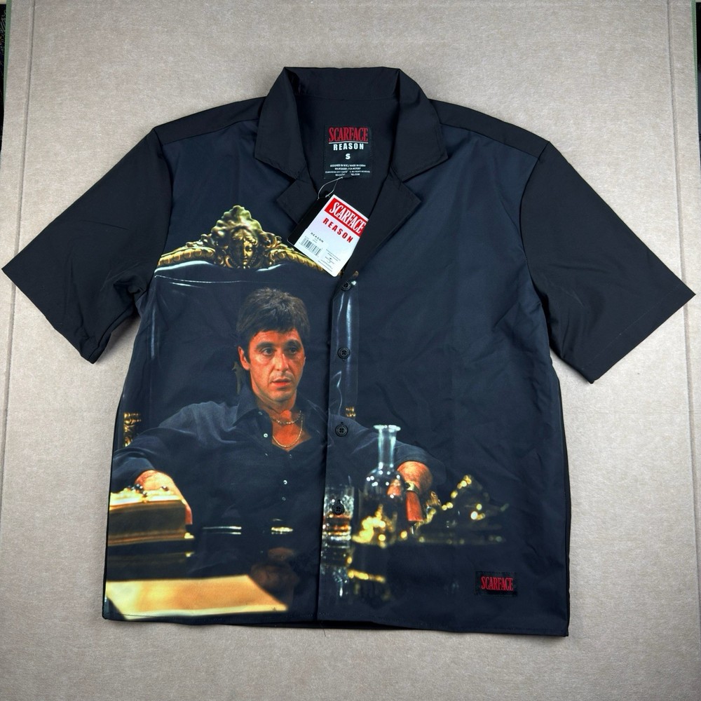 Scarface Tony Montana 1983 Shirt Men S Black Movie Graphic Camp Collar