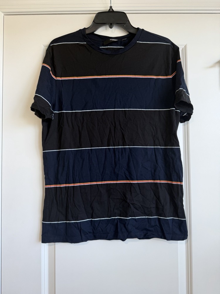 Murano Liquid Luxury Slim Fit Men’s Black & Blue Striped Short Sleeve T-shirt L