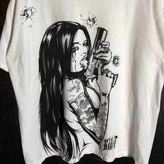 Kill It Gun Girl Tattoo Print “Addicted to Chaos) T Shirt Sz L Grunge Metal Tat