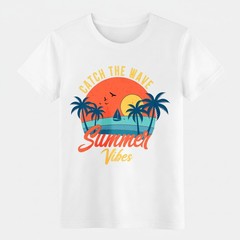 Catch The Wave Summer Vibes Retro Beach Graphic T-Shirt, Palm Tree Tee