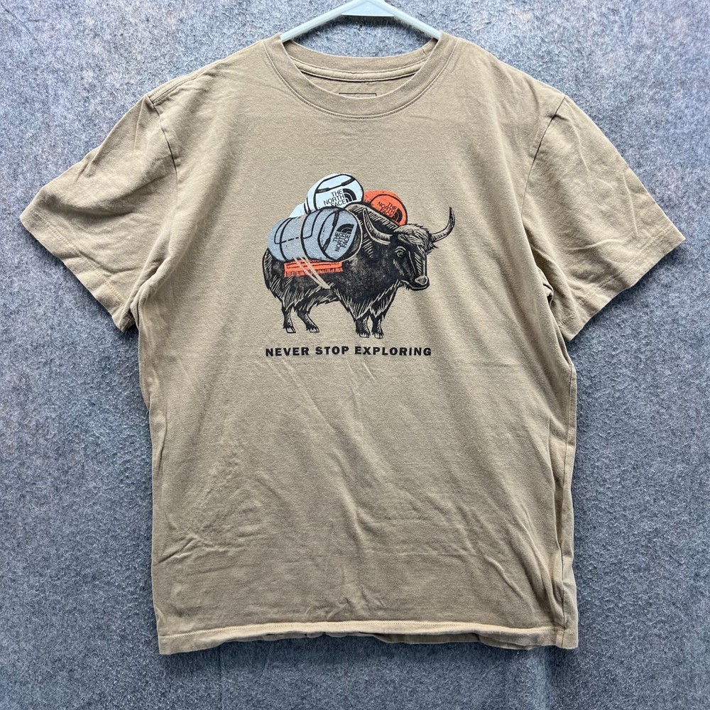 The North Face Shirt Mens Medium Khaki Crewneck Bulls Tan Beige Cotton Print