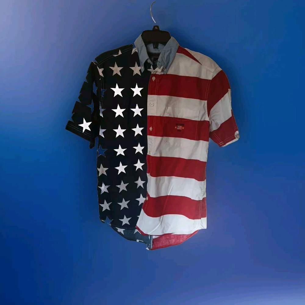 Ivy Crew Patriotic Full Button Short Sleeve Mens S Stars Stripes 100% Cotton USA