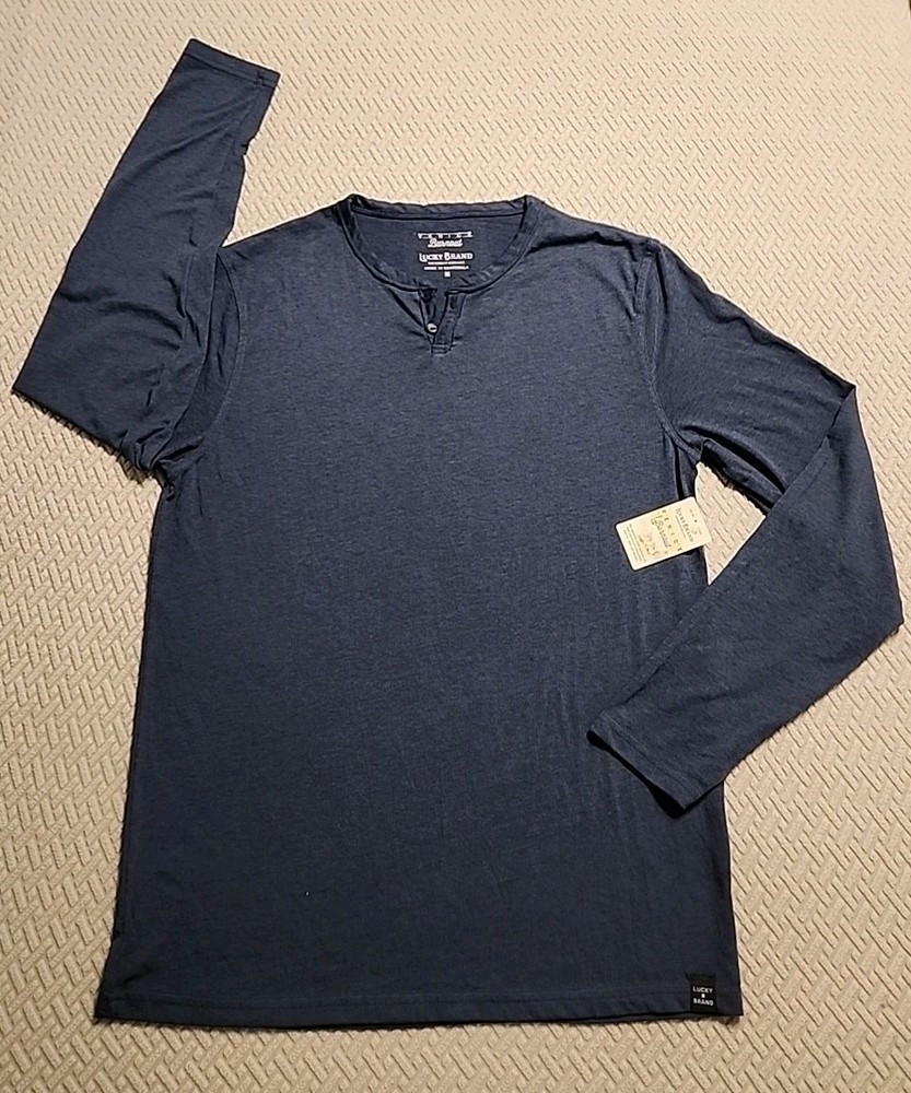 Lucky Brand Venice Burnout Mens M Long Sleeve Henley Shirt Denim Blue NWT