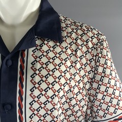 GUCCI Size XL White Navy & Red Monogram Silk Camp Short Sleeve Shirt