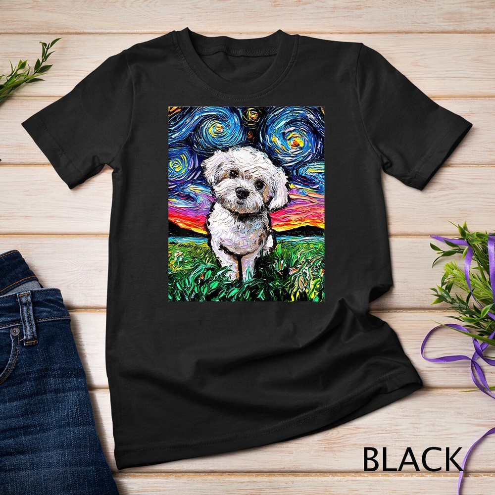 Maltipoo Starry Night White Maltese Poodle Dog Art by Aja T-Shirt Unisex T-shirt