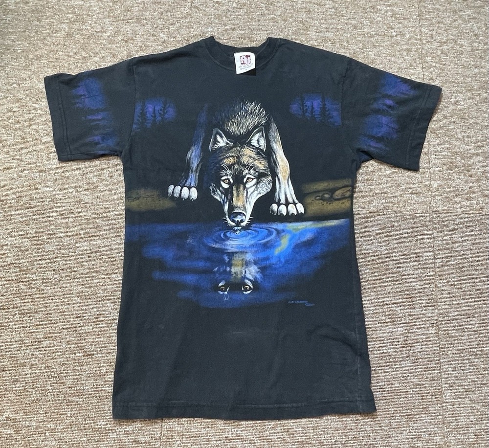 Vintage Art Unlimited Men’s Medium Wolf Nature Outdoor T Shirt Black Graphic 90s
