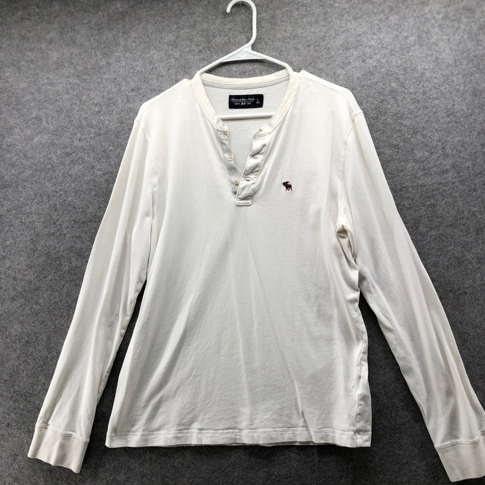 Abercrombie & Fitch Henley Shirt Mens L White Long Sleeve Moose Logo Soft Cotton
