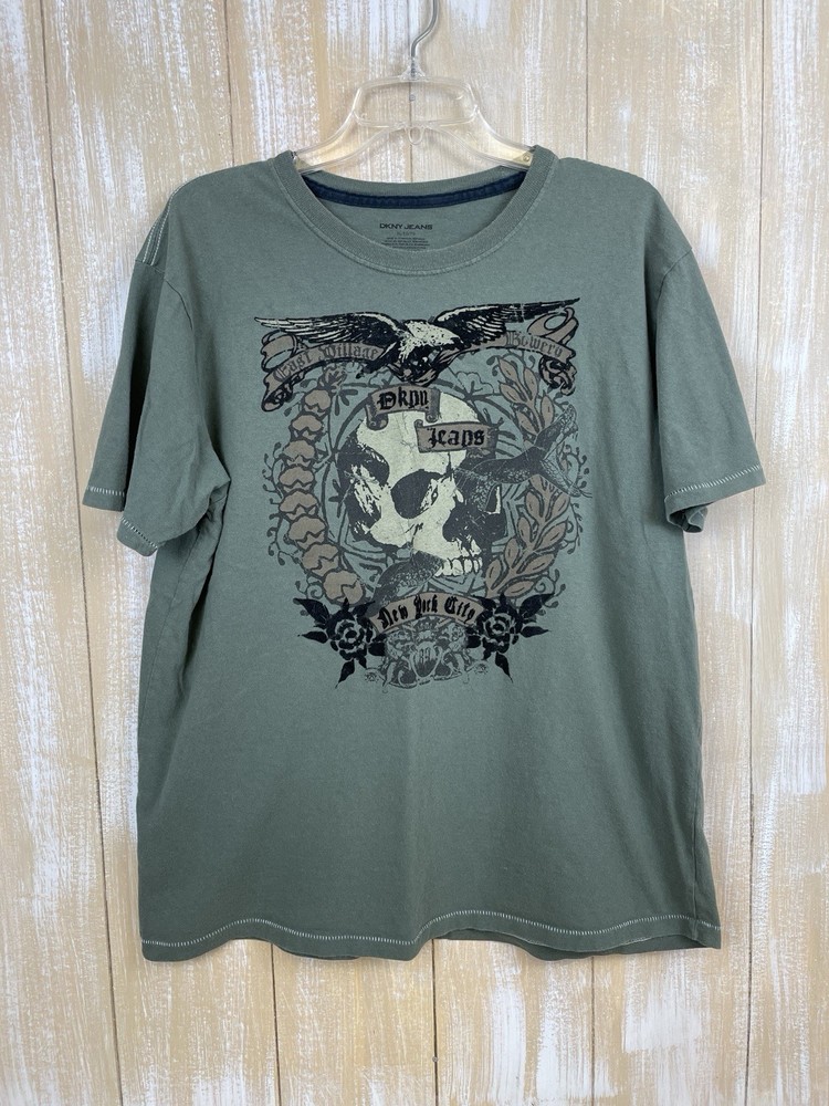Y2K Style DKNY Jeans NYC Skull Print Muted Green w/ Black Flocking T-Shirt Sz XL