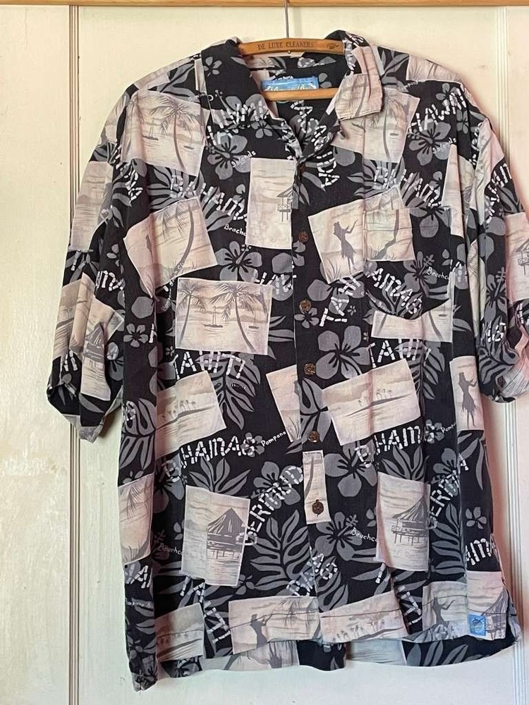 Bermuda Bay 100% Silk Men’s XL Hawaiian Aloha Shirt Gray White Button Up